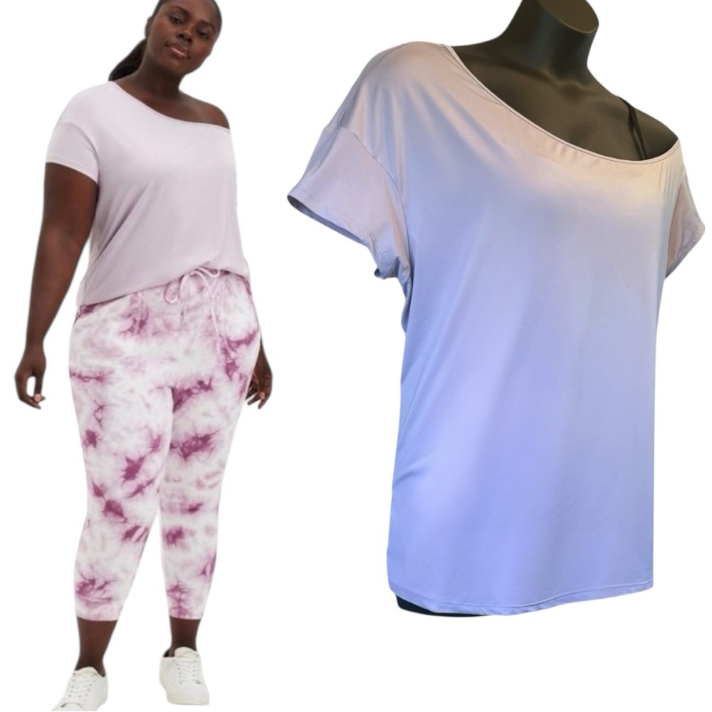 Torrid Active Set: Performance Core Leggings & Purple Off Shoulder Wicking Tee 2 - Picture 4 of 15